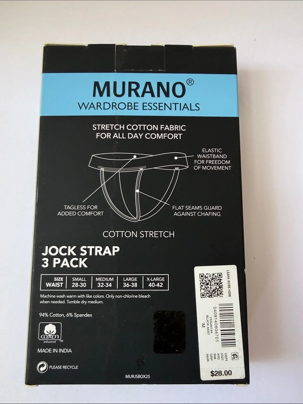 Murano Black Cotton Stretch Jock Strap - 3 Pack